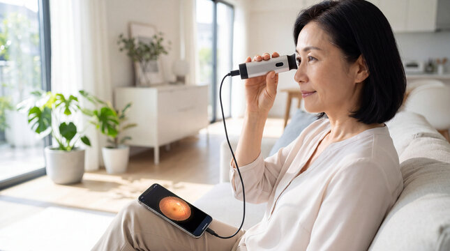 Ophthalmoscope Exam: A woman uses a handheld ophthalmoscope to examine her eye health while viewing the magnified retinal image on her smartphone, in a modern home setting.