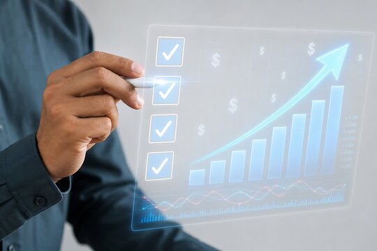 Hand pointing at digital display showing checked tasks and upward trending bar graph
