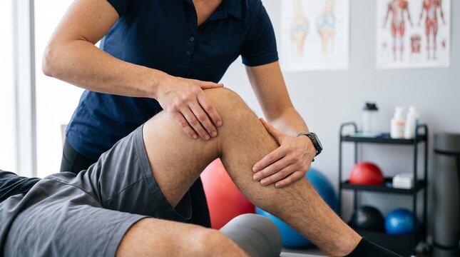 Physical Therapist Hands Mobilizing Knee Joint on Treatment Table in Modern Sports Medicine Clinic