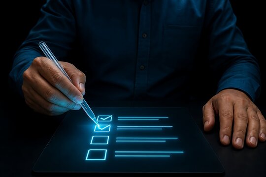 Hand selecting checkmark on illuminated digital checklist interface