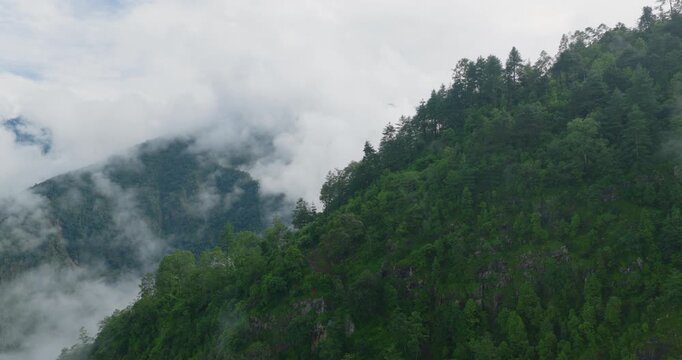 Aerial shot cruising past lush green terraced hillsides and pine forest of Panchpokhari, Nepal, framing low-lying monsoon clouds and fog rolling through the valley with distant