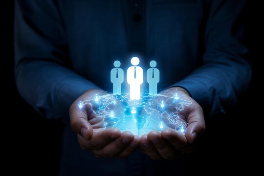 Hands cradling holographic figures connected by glowing blue network lines in dark setting