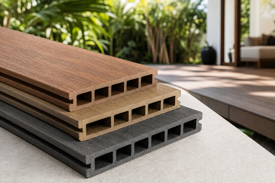 WPC composite decking board profiles in three modern colors