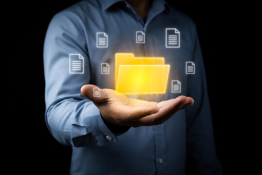 Hands holding glowing yellow folder with document icons in dark workspace