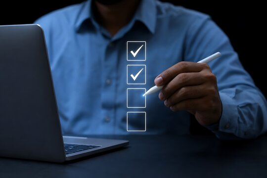 Person marking digital checklist with stylus on laptop screen in dim lighting