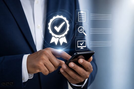 Professional holding smartphone with award badge and code interface overlay