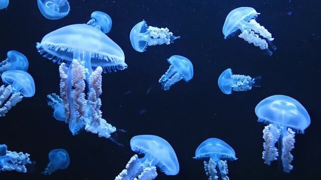 Blue Jellyfish Drifting Through Deep Ocean Water