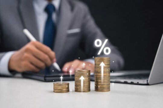 Business professional arranging stacked gold coins with percentage symbol floating above on desk