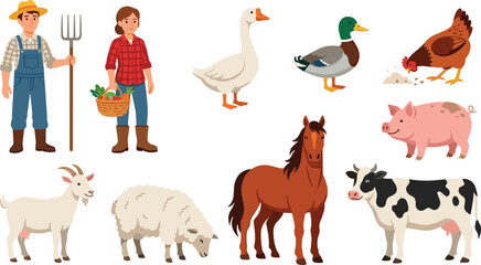 Fototapeta premium Cute Cartoon Farmers and Livestock Vector Set Featuring Cow, Horse, Sheep, Pig, Goat, Poultry, and Agricultural Characters for Organic Ranch Graphic Design