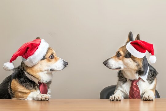 Amusing puppies group posing in red Santa hat and tie desk during corporate meeting on beige wall. Comical business characters for office Christmas collaboration greetings, creative workspace holiday.