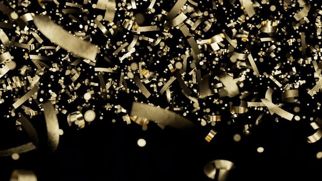 Golden confetti streamers and glitter particles falling celebration