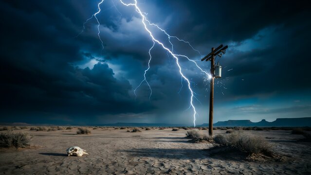 Dramatic lightning strike during thunderstorm over barren desert landscape