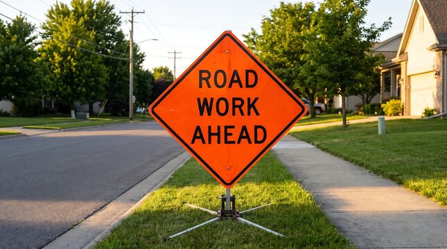 Orange road work ahead sign on suburban street, construction warning sign in residential neighborhood, traffic safety signage
