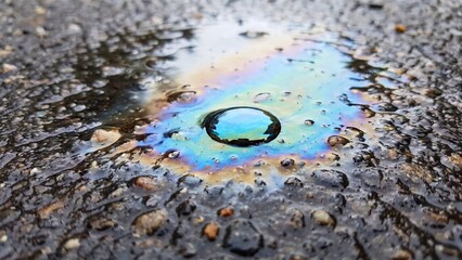 Obraz premium Oil slick puddle with rainbow sheen on wet asphalt representing pollution environmental contamination and urban water runoff