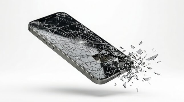 Black smartphone with a severely cracked and shattered glass screen isolated on a white background