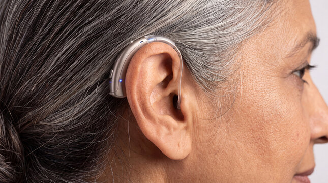 Discreet Hearing Aid: An elegant, behind-the-ear hearing aid is subtly worn by a woman with grey hair, enhancing her auditory experience with advanced technology.