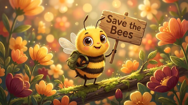 Cute honey bee holding Save the Bees wooden sign. Whimsical bumblebee character in flower garden. Environmental conservation concept.