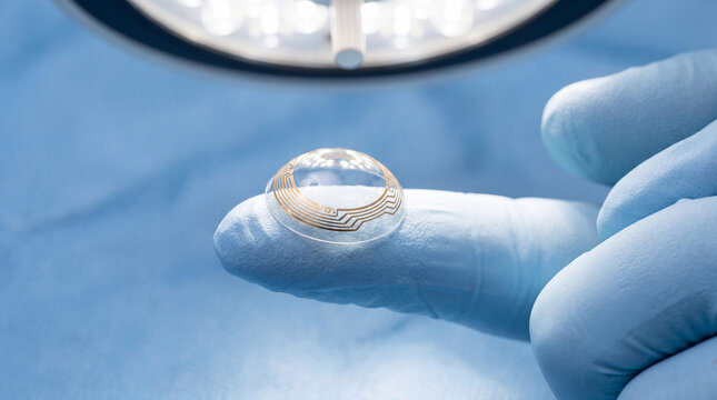 Intricate Lens: A gloved hand carefully presents a complex intraocular lens, ready for delicate surgical placement.