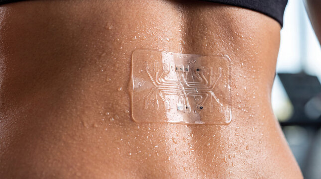 Muscle Sensor Patch: A close-up of a woman's sweaty back, adorned with a high-tech muscle sensor patch, showcasing its adherence during a vigorous workout.