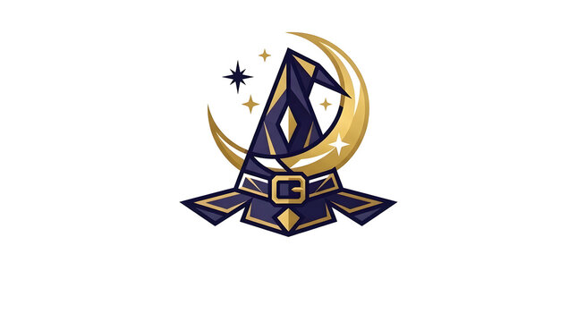 Stylized witch hat with a golden crescent moon and sparkling stars vector emblem, ideal for Halloween themes, magical logos, and alchemy concepts isolated on white.