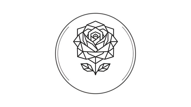 Geometric rose flower emblem vector design featuring clean black line art in a circular frame, ideal for modern minimalist branding and floral logos isolated on white background.