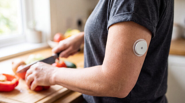 Diabetes Monitoring Device: A person wearing a continuous glucose monitoring sensor on their arm prepares a healthy meal in a bright kitchen, symbolizing proactive health management.