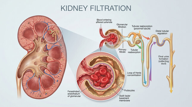 Kidney Filtration System and Glomerulus Anatomy Educational Diagram
