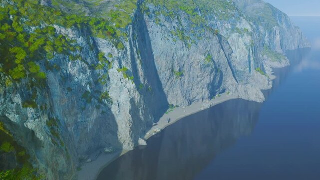 Bright green foliage frames towering cliffs that rise above tranquil waters and a peaceful sandy beach. This serene coastal landscape invites exploration and reflection during a sunny day.