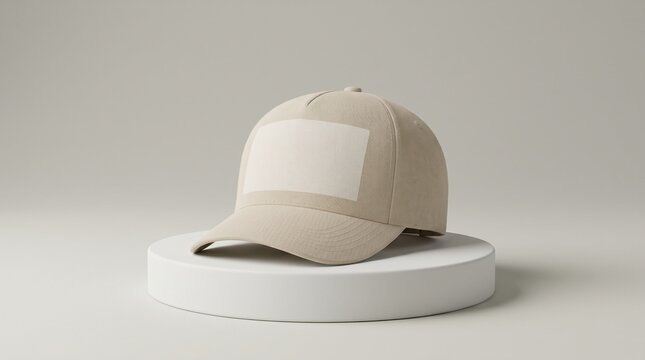 Minimalist beige baseball cap mockup with blank label on white podium stage for branding presentation