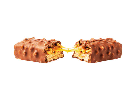 A chocolate-covered caramel and peanut butter candy bar cut in half