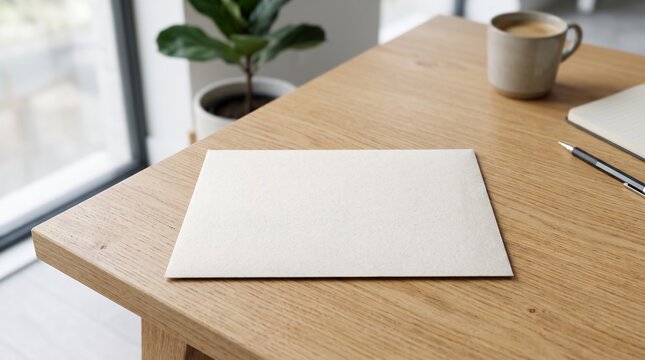 A blank white paper card mockup lying on a wooden office desk next to a coffee cup