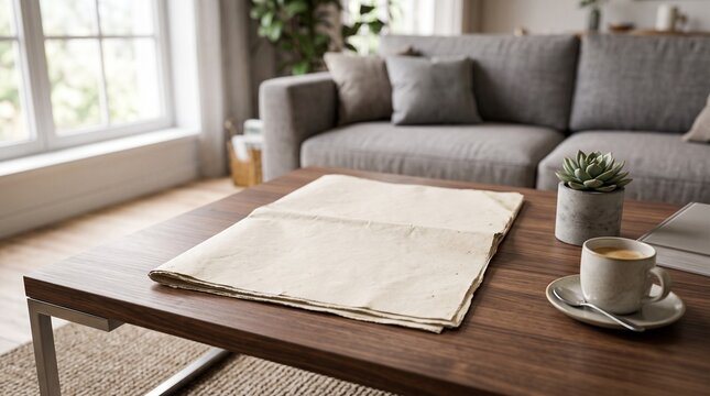 Blank newspaper mockup on a wooden coffee table in a modern living room interior with a cup of coffee