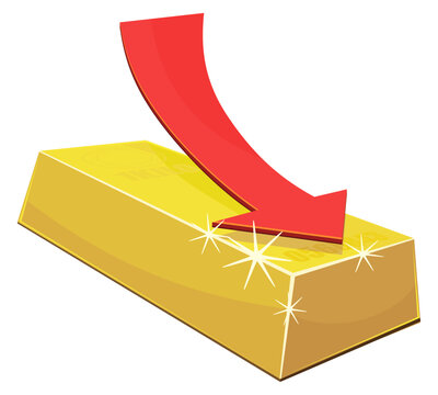 Gold bullion bar with falling red arrow representing precious metal market crash, commodity price drop, economic downturn, and investment loss (cut out)