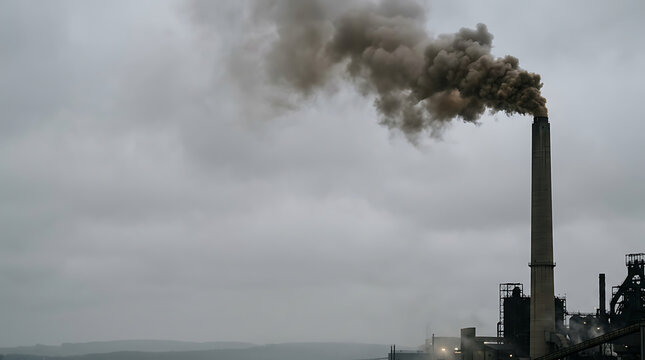 Industrial factory chimney releasing thick dark smoke into a cloudy sky representing air pollution