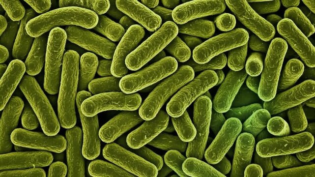 Highly detailed close-up microscopic view of green rod-shaped bacteria cells or bacilli such as E. coli multiplying in a colony
