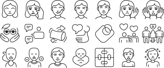 Fototapeta premium Human Faces Icons Set, Depicting Various Emotions and Gestures. Line Art Illustrations for User Interface Design