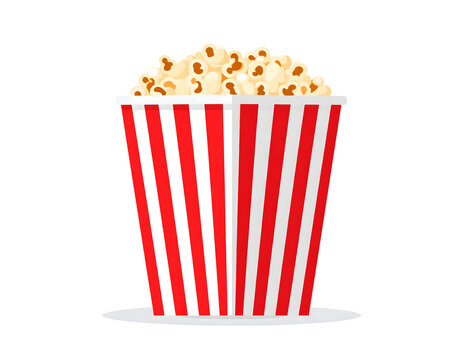 Classic cinema popcorn bucket illustration. Flat design of a striped container filled with delicious movie theater snack.