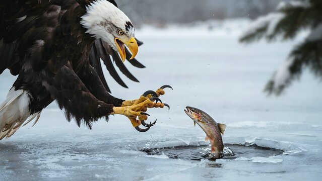 Majestic Bald Eagle Snatching Fish from Icy Water in Wilderness Scene