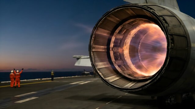 Military aircraft jet engine with afterburner firing at dusk on runway