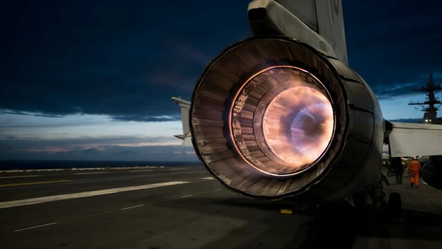 Close-up view of a fighter jet engine exhaust on an aircraft carrier at dusk