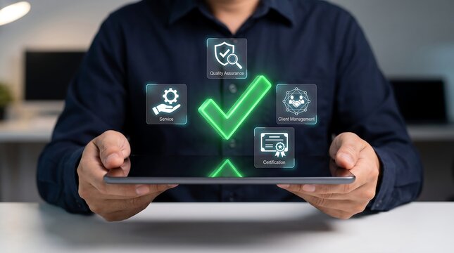 Businessman Using Digital Guarantee Checkmark for Service Quality Assurance
