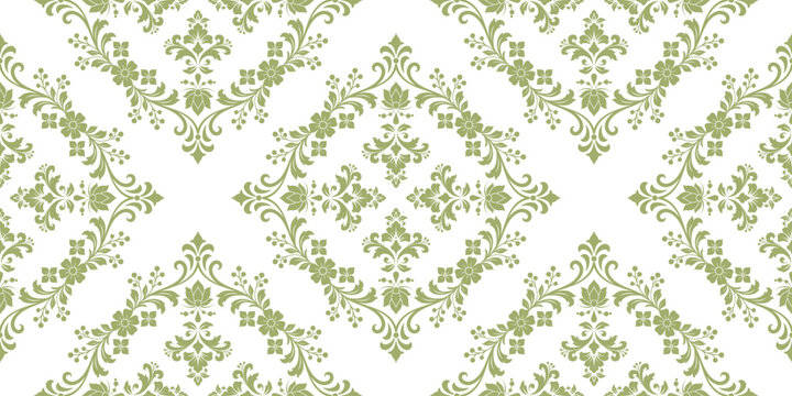 Elegant green damask floral pattern with intricate botanical ornaments