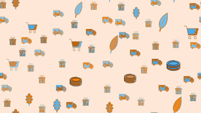 Delivery trucks, gift boxes, shopping carts, leaves, and coins pattern