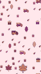 Fototapeta premium Pattern of delivery trucks, gifts, tags, and leaves