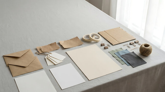 Minimalist stationery flat lay with envelopes, paper scraps and washi tape