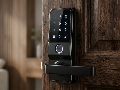 Modern smart electronic door lock with fingerprint scanner and digital keypad mounted on a dark wooden door in a contemporary interior setting