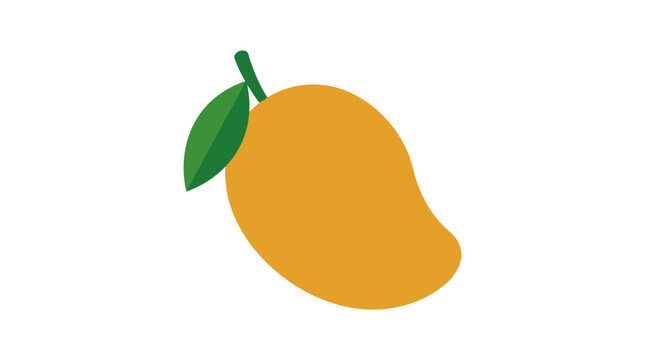 A ripe mango with a green stem and leaf is shown in flat vector style