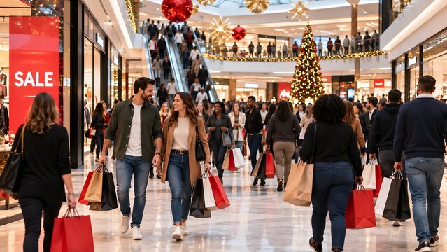 A bustling shopping mall during the holiday season, with many people carrying shopping bags and decorated Christmas trees