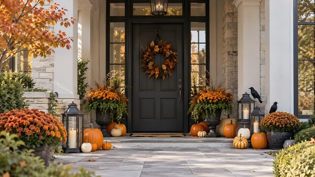 A welcoming front porch decorated with pumpkins, fall foliage, and lanterns for the autumn season. The dark front door is adorned with a wreath made of leaves, exuding a warm and festive atmosphere
