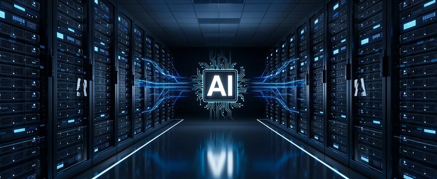 Artificial Intelligence concept in a modern server room data center with glowing AI symbol.